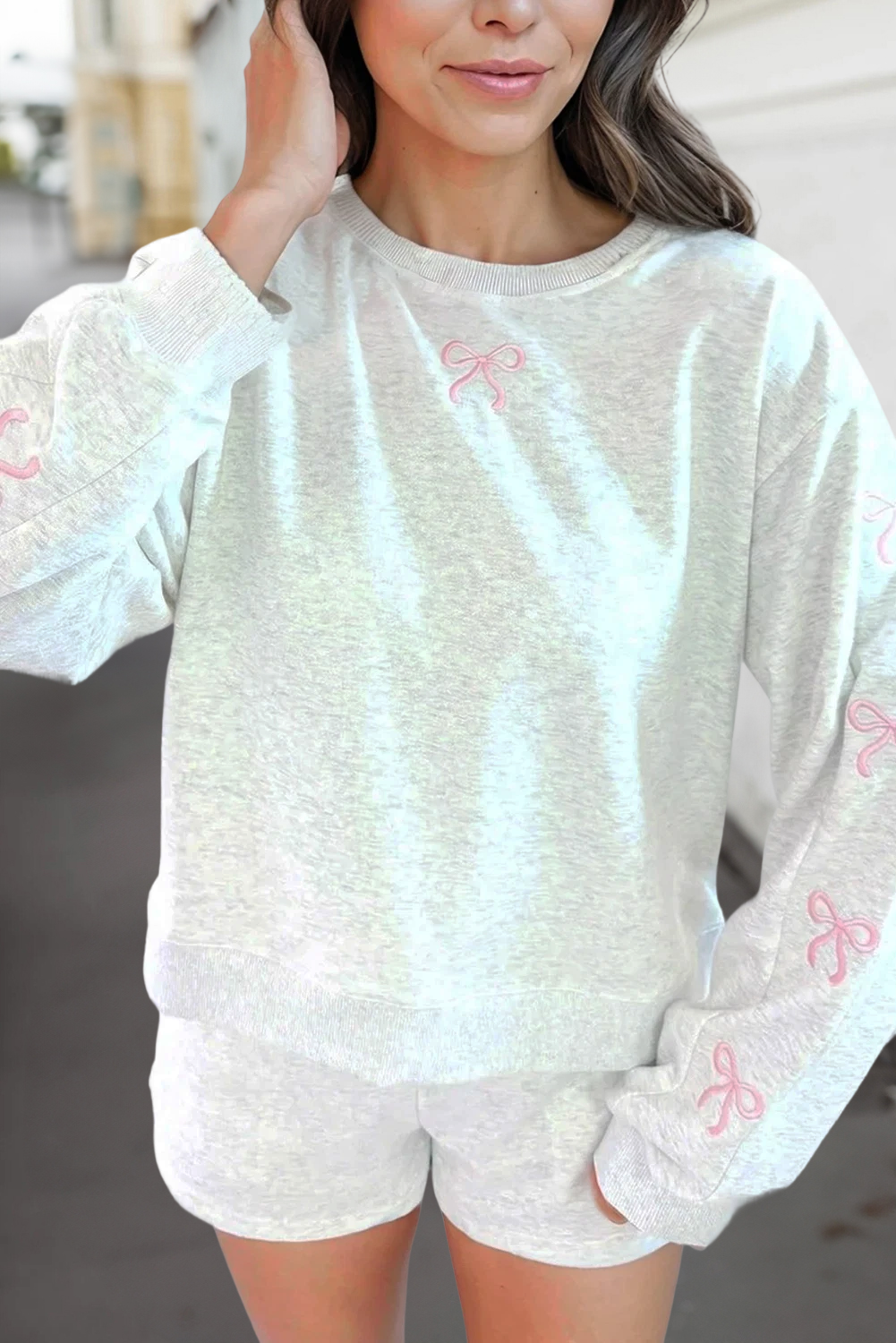 Bow Knot Embroidered Pullover & Shorts Set