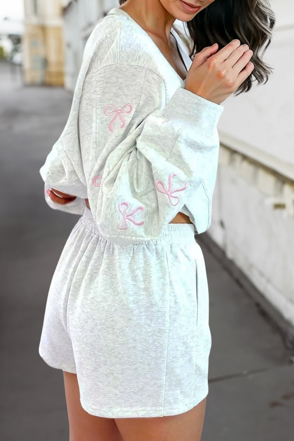 Bow Knot Embroidered Pullover & Shorts Set
