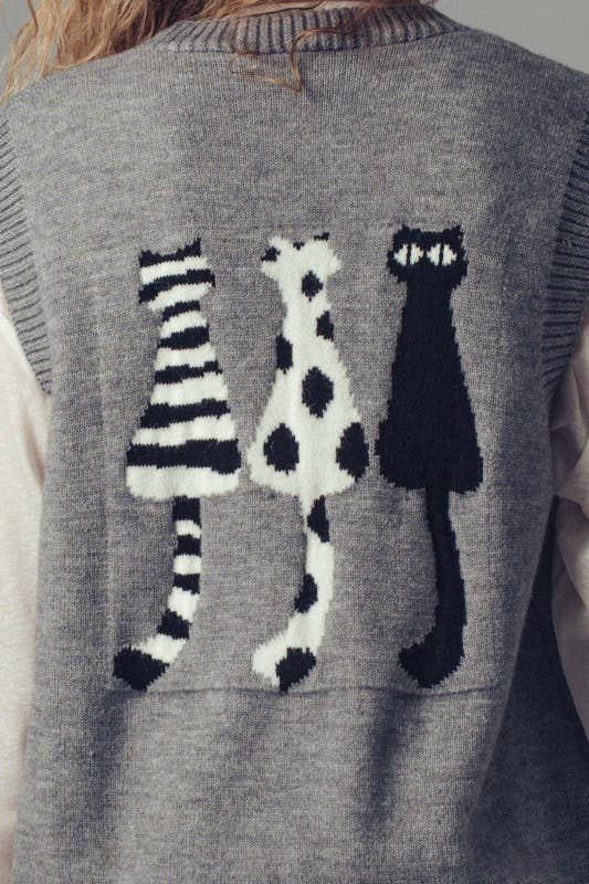Cat Print Knit Sweater Vest