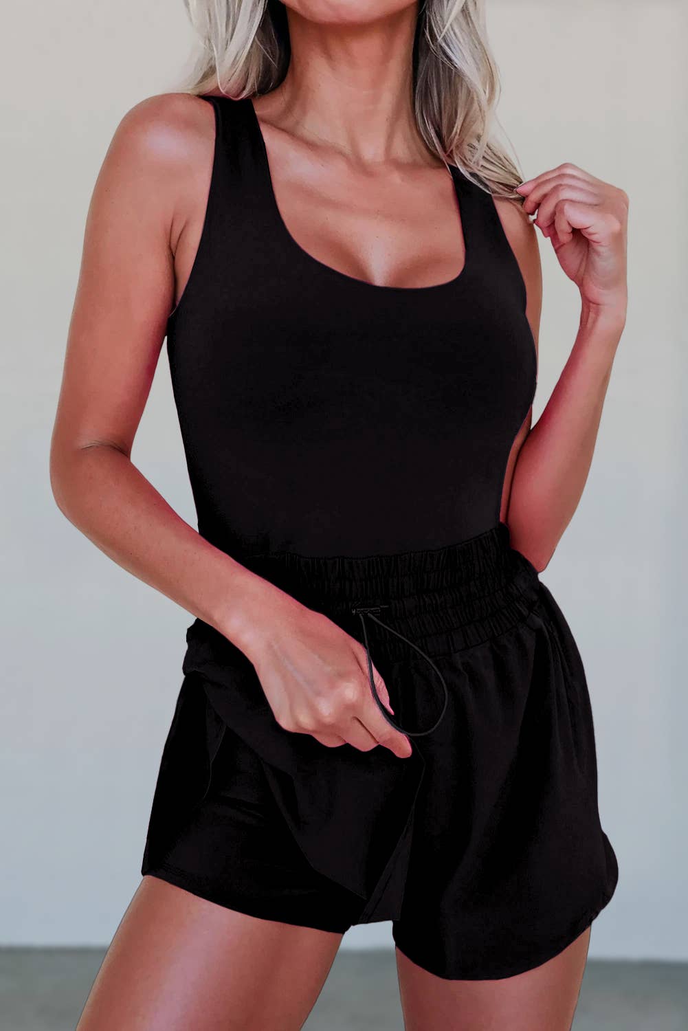 Solid Sleeveless Drawstring Waist Romper