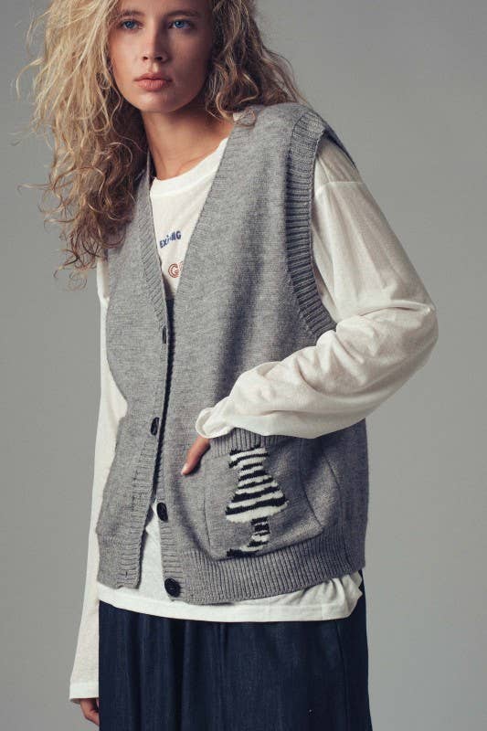 Cat Print Knit Sweater Vest