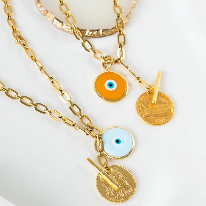 Long Gold Steel Necklace with Greek Coin and Eye