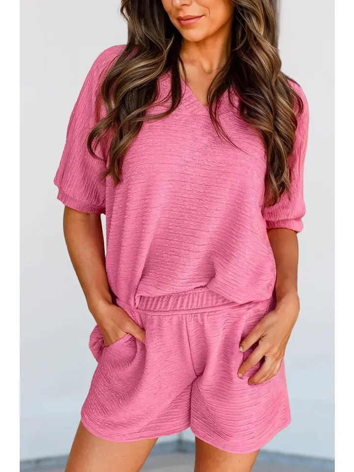 Textured V Neck T Shirt and Shorts Set