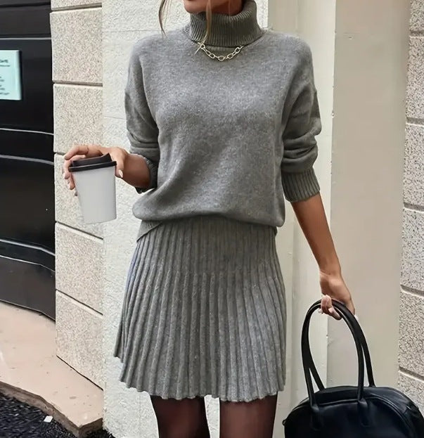 High-Neck Knitted Top and Short Skirt Set
