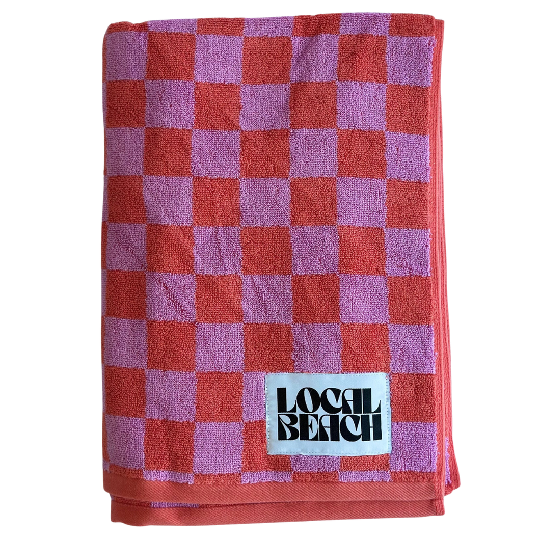 Checker Beach & Bath Towel: Coral/Lavender