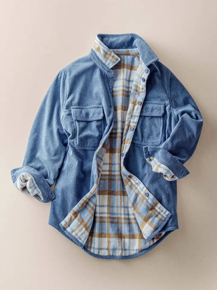 Plaid Flannel Lined Corduroy Shacket