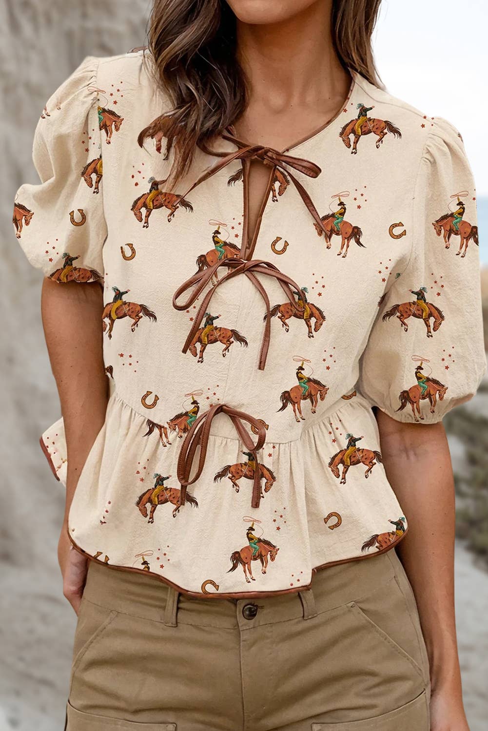 Cowboy Horse Print Bowknot Babydoll Blouse
