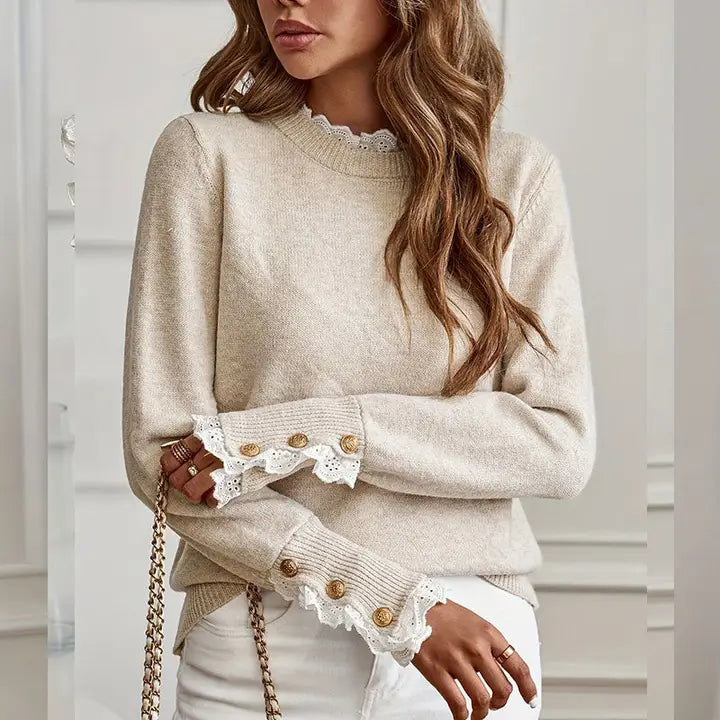Lace Trim Round Neck Pullover Knit