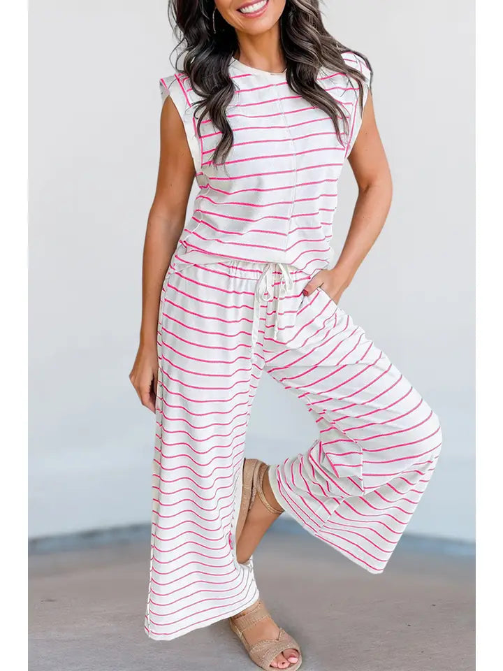 Casual Style Striped Short Sleeve Two-Piece Set