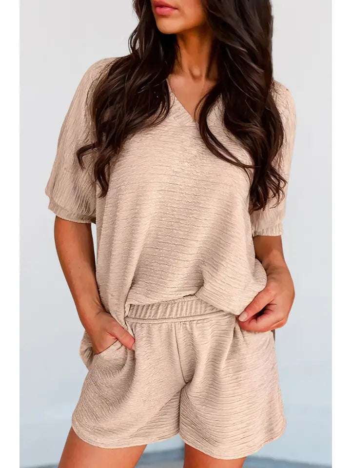 Textured V Neck T Shirt and Shorts Set