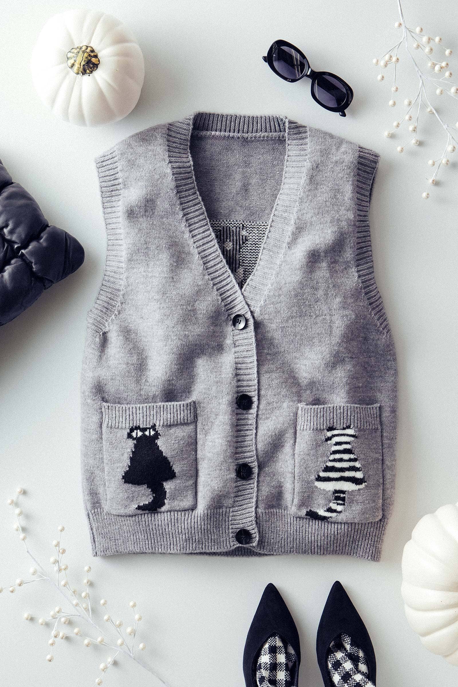 Cat Print Knit Sweater Vest