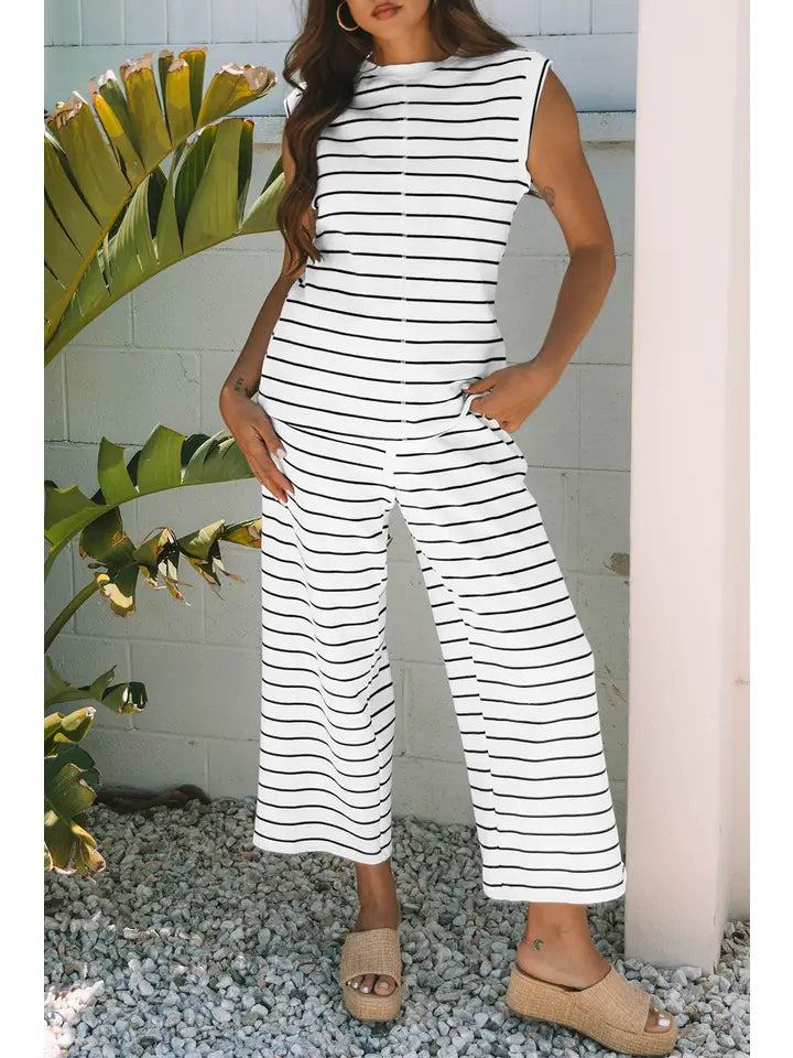 Casual Style Striped Short Sleeve Two-Piece Set