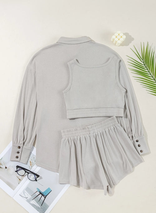 3 Pieces Rib Crop Camisole Matching Shorts