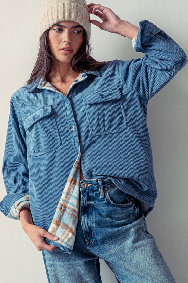Plaid Flannel Lined Corduroy Shacket