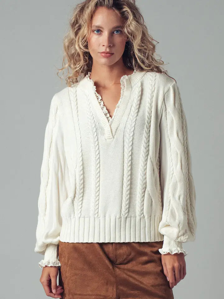 Lace Trim Cable Knit Pullover