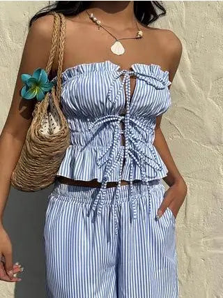 Striped Tube Top Pants Set