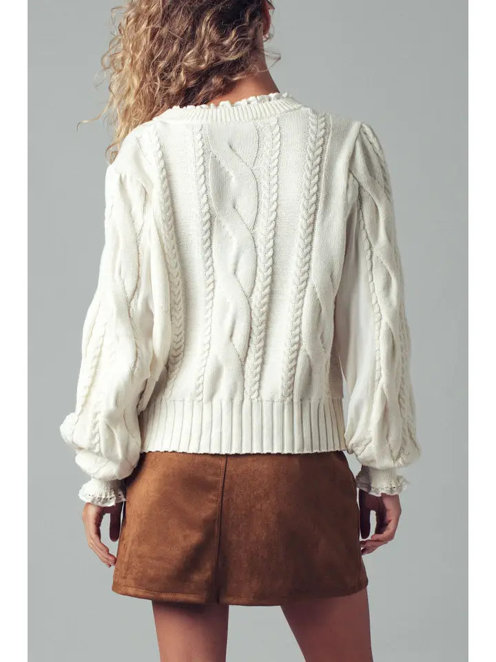 Lace Trim Cable Knit Pullover