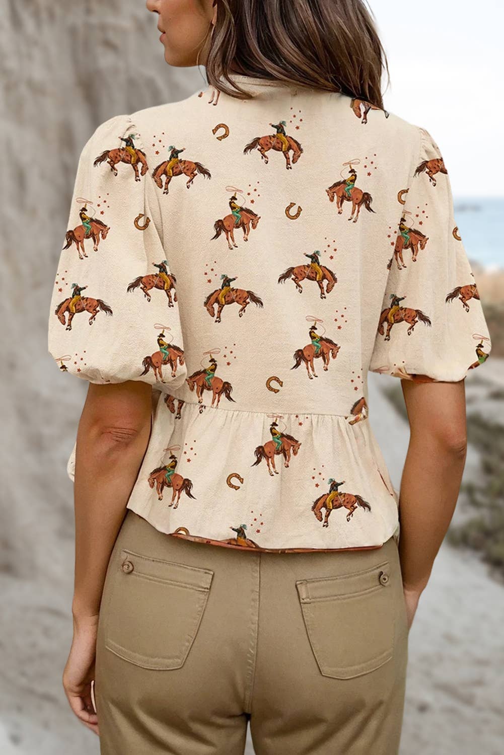 Cowboy Horse Print Bowknot Babydoll Blouse