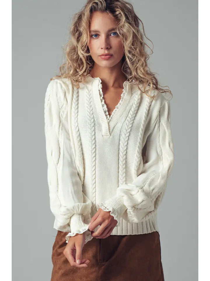 Lace Trim Cable Knit Pullover