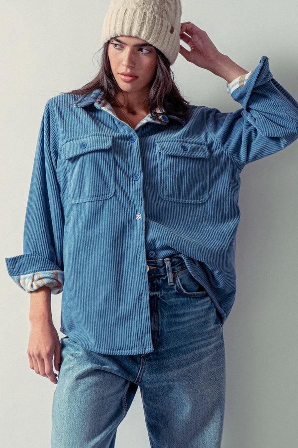 Plaid Flannel Lined Corduroy Shacket