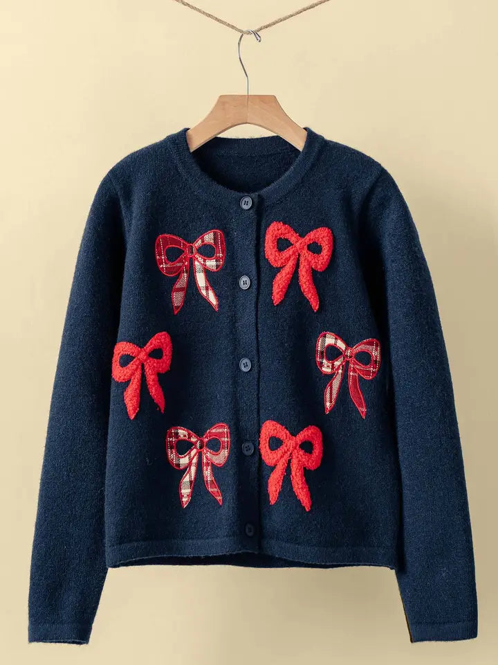 Textured Bow Knit Cardigan