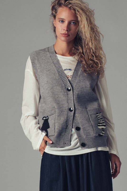 Cat Print Knit Sweater Vest