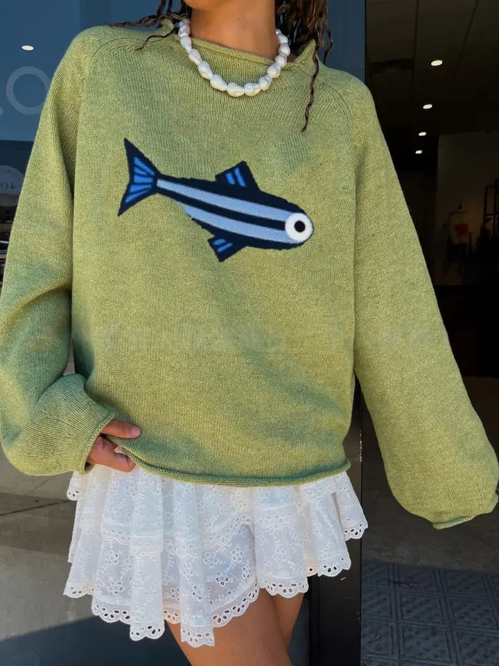 Oceanic Adventure Sardines Pattern Knit Sweater
