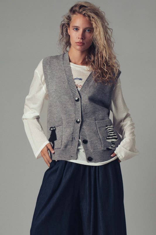 Cat Print Knit Sweater Vest