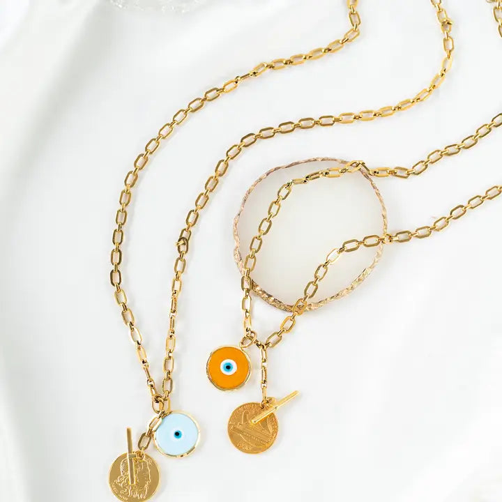 Long Gold Steel Necklace with Greek Coin and Eye