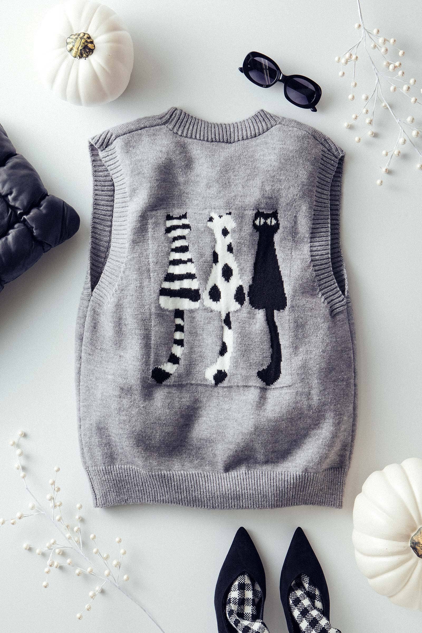 Cat Print Knit Sweater Vest