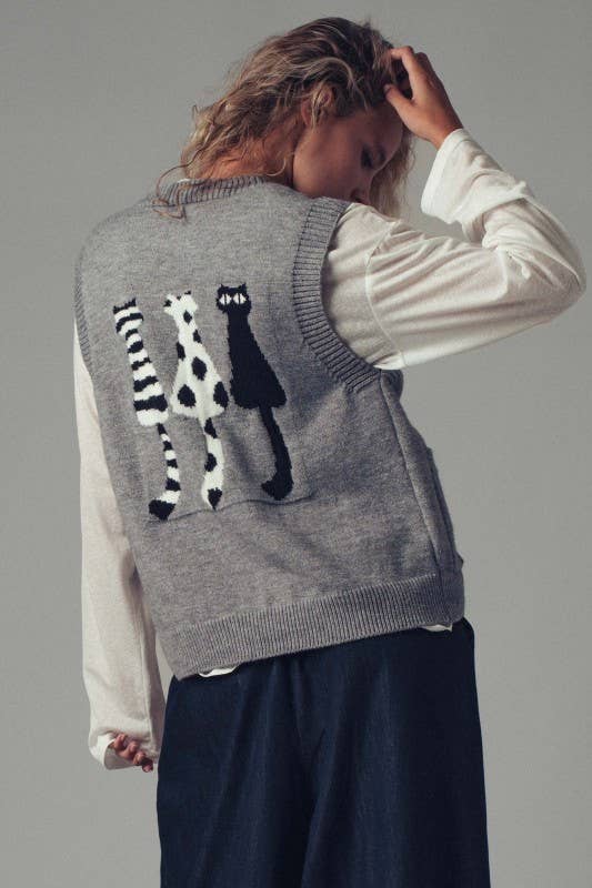 Cat Print Knit Sweater Vest