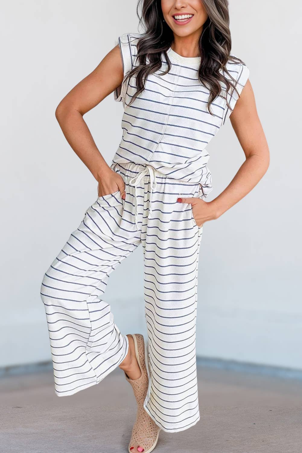 Casual Style Striped Short Sleeve Two-Piece Set