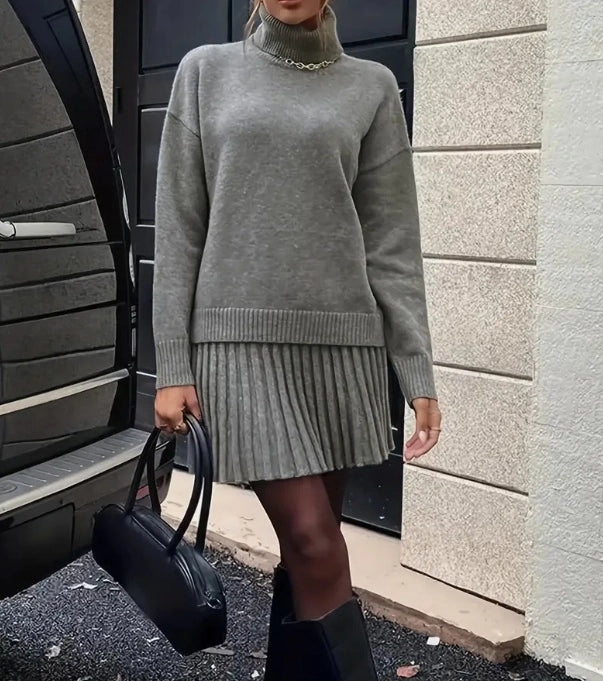 High-Neck Knitted Top and Short Skirt Set