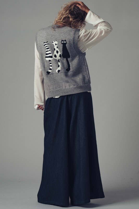 Cat Print Knit Sweater Vest