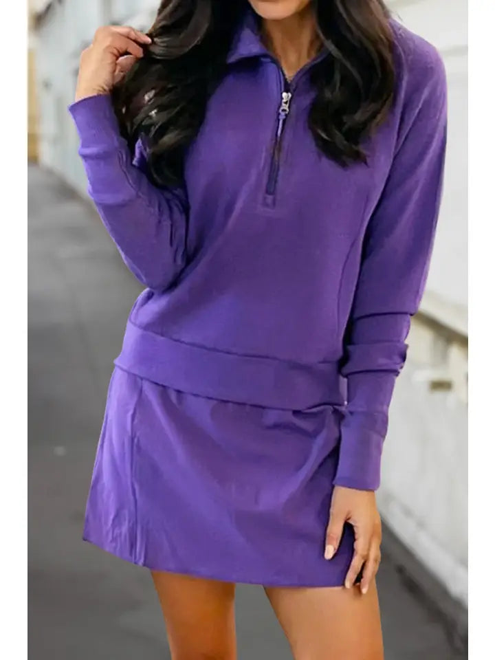 Solid Half Zip Front Pullover & Mini Skirt 2 Pcs Set