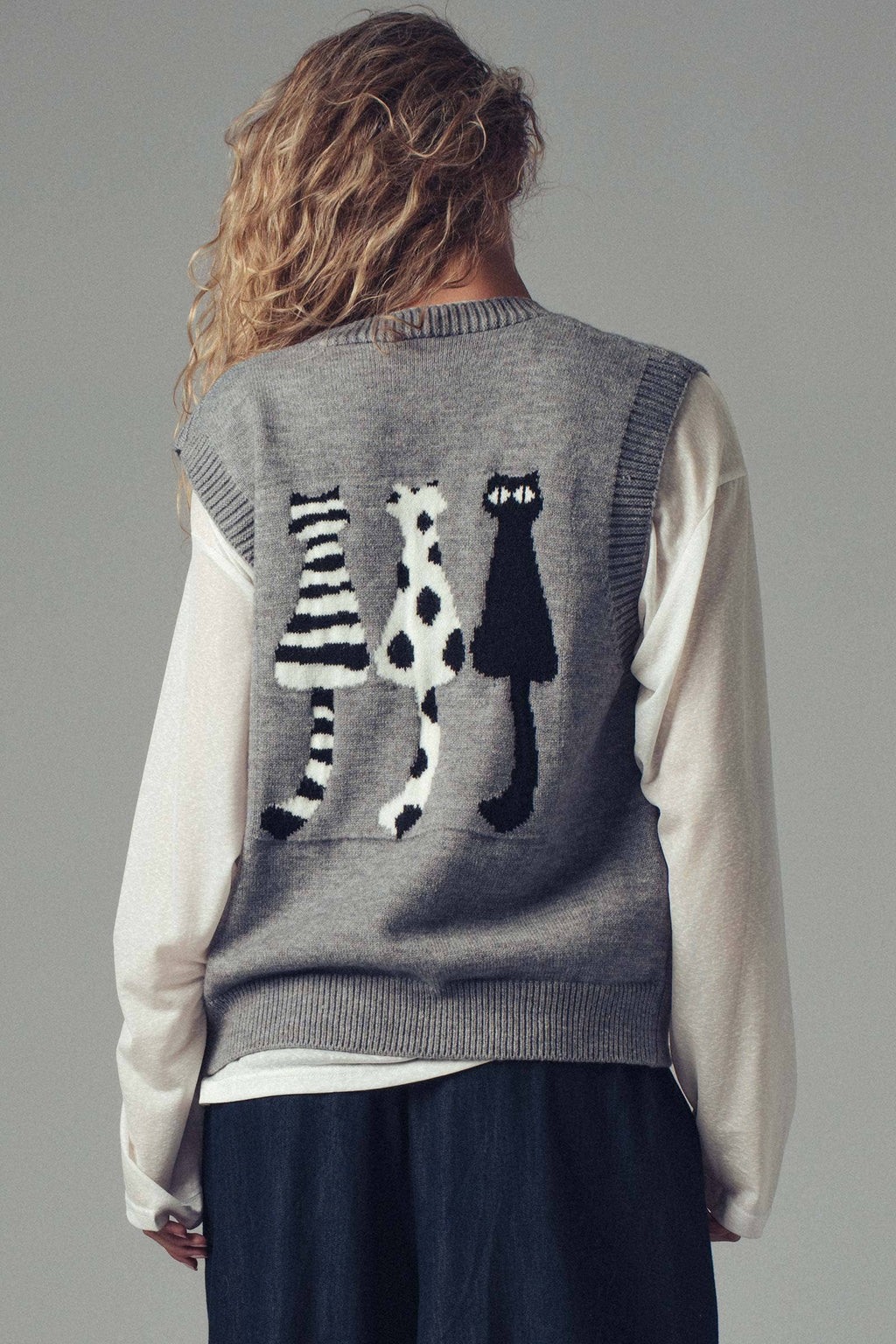 Cat Print Knit Sweater Vest