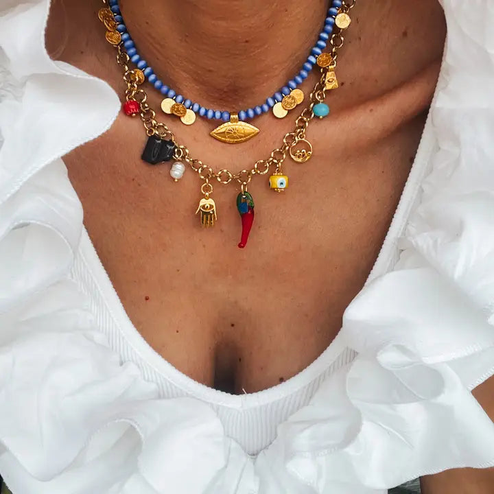 Multi Charm Summer Necklace and Blue Beaded Necklace