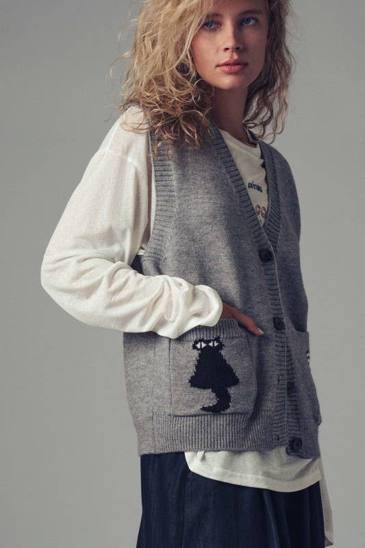 Cat Print Knit Sweater Vest