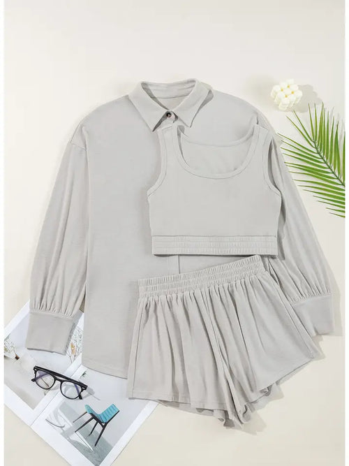 3 Pieces Rib Crop Camisole Matching Shorts