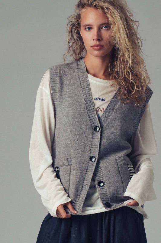 Cat Print Knit Sweater Vest
